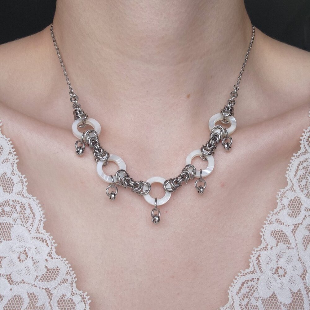 Mother-of-pearl and silver medieval princess chain mail necklace